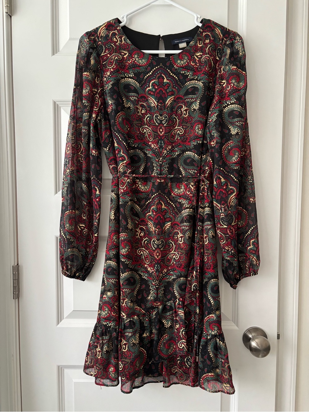 Tommy Hilfiger Long Sleeve Paisley Print Dress in Black and Red 6